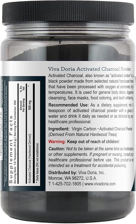 Viva Doria Virgin Activated Charcoal Powder, Hardwood Derived, Food Grade, 8 Oz