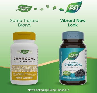 Nature's Way Activated Charcoal, Binds Unwanted Materials and Gas in the Digestive Tract*, 560 mg per 2-Capsule Serving, 100 Capsules (Packaging May Vary) - 2 Pack