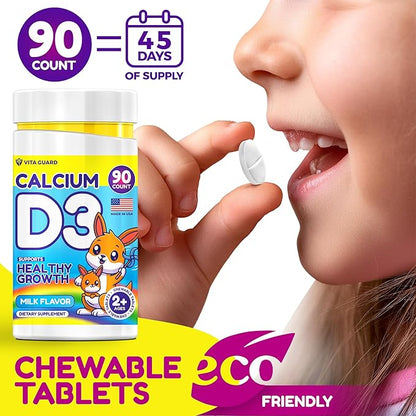 Calcium D3 Chewable Tablets for Kids – 640 mg Calcium & 320 IU Vitamin D3 – Non-GMO, Milk Flavor – Bone & Teeth Support Supplement – 90 Tablets for Ages 2+