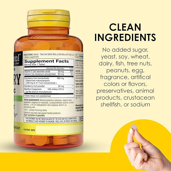 MASON NATURAL Cranberry with Probiotic, 2 Month Supply, Highly Concentrated, Supports Normal Immune Health & Urinary System, 60 Tablets