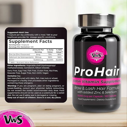 VWS Biotin 10,000 mcg Dietary Supplement w/Zinc & Selenium to Promote Thicker Hair Growth, Stronger Nails & Healthy Skin for Women and Men, 120 Vegan Capsules