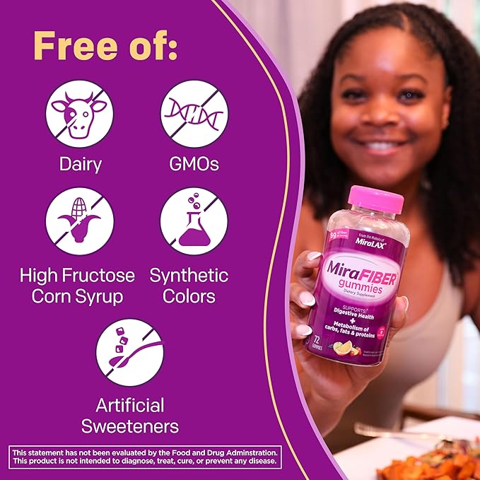 MiraFIBER Gummies, From The Gut Experts at MiraLAX, 8g of Daily Prebiotic Fiber with B Vitamins to Support Digestive Health and Metabolism, Fruit Flavored Fiber Gummies, 72 Count