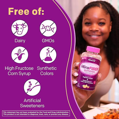 MiraFIBER Gummies, From The Gut Experts at MiraLAX, 8g of Daily Prebiotic Fiber with B Vitamins to Support Digestive Health and Metabolism, Fruit Flavored Fiber Gummies, 72 Count