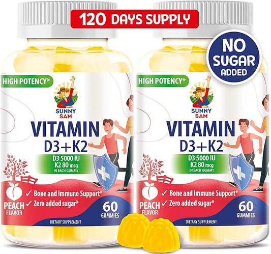 SUNNY SAM Sugar-Free Vitamin D3 K2 Gummies 5000 IU - Immune & Bone Support Gummies - Vitamin D Gummy Supplement for Adults - High-Absorption, Vegan, Halal, Gluten-Free Chewable Vitamins