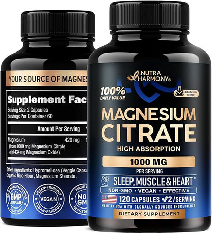 Magnesium Citrate Capsules 1000mg | High Absorption Supplement - Sleep, Muscle & Heart Support - Vegan | Non-GMO - Made in USA - As Powder | Pills | Tablets - 120 Capsules, 2 Month Supply