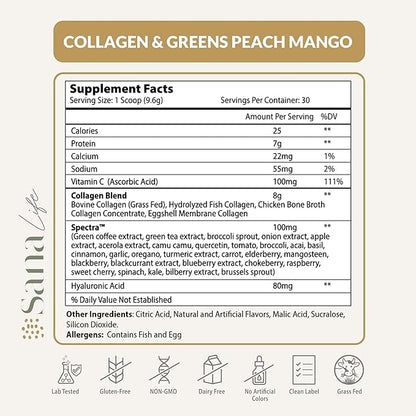 Collagen & Greens Powder, Multi-Collagen Supplement with Hyaluronic Acid for Skin, Hair, Nail & Gut Health - 30 Servings (Peach Mango)