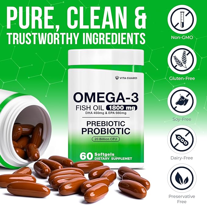 Omega-3 Fish Oil with Prebiotics & Probiotics – 1800mg EPA & DHA Supplement for Heart, Brain, and Gut Health – 20 Billion CFU, Inulin Fiber, Burpless Lemon-Flavored Softgels