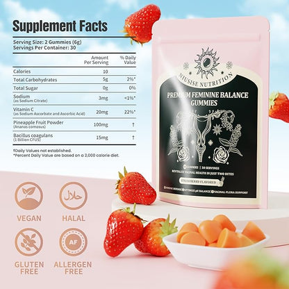 Feminine Balance Gummies, Premium Balance Supplement for Women PH Health, Immune Support, Vegan, Gluten-Free - Hawaiian Pineapple - 60 Gummies - 30 Servings