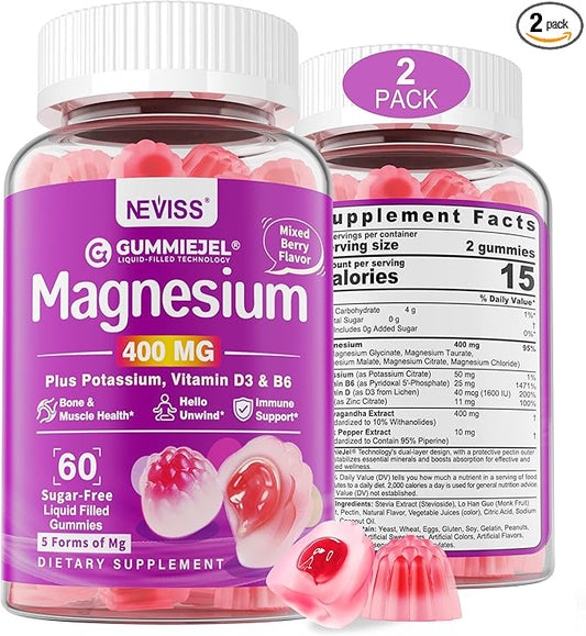 Magnesium Complex Filled Gummies 400mg - Magnesium Citrate, Glycinate, Malate, Chloride & Taurate - Supplement Magnesium with Ashwagandha Vitamin D3 & Zinc for Muscle, Mood & Energy, Sugar Free, 2Pack
