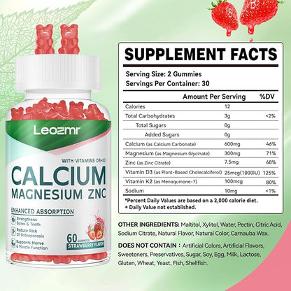 Calcium Magnesium Zinc Gummies with Vitamin D3 & K2 - High Potency Enhanced Absorption -120 Strawberry Gummies Flavored