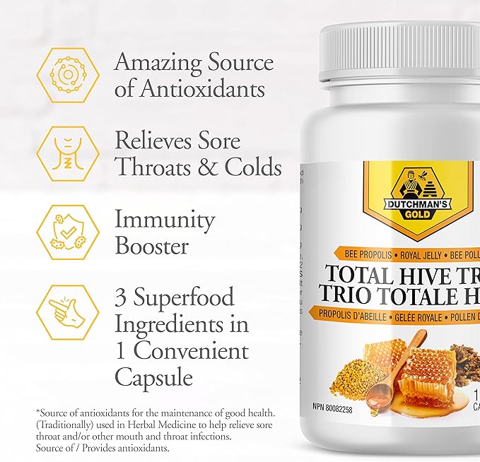 Dutchman's Gold Total Hive Trio Capsules - 120 Veg Caps Approximately 30-60 Servings - Bee Pollen Royal Jelly & Propolis Supplement - Superfoods for Antioxidant Immune Support - Natural Honey Mix