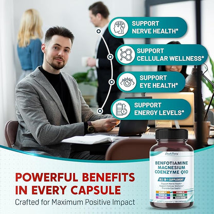 Benfotiamine with Magnesium & Coenzyme Q10 - Supports Nerve Health, Cellular Wellness & Eye Health - Made in The USA- 150 Capsules