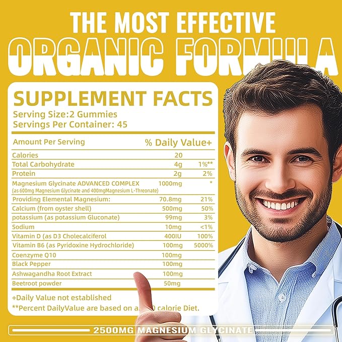 Magnesium Glycinate Gummies 2500mg - Sugar Free Magnesium Potassium Supplement with Vitamin D, B6, CoQ10 for Calm Mood & Sleep Support - 90 Pineapple Gummies
