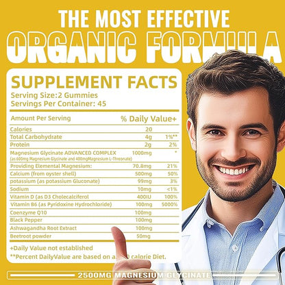 Magnesium Glycinate Gummies 2500mg - Sugar Free Magnesium Potassium Supplement with Vitamin D, B6, CoQ10 for Calm Mood & Sleep Support - 90 Pineapple Gummies