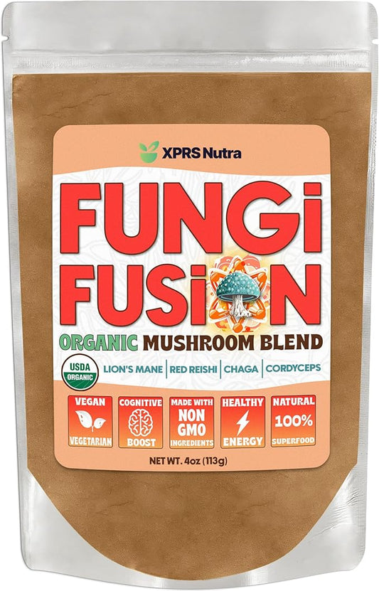 XPRS Nutra Fungi Fusion Organic Mushroom Powder Blend, Premium Blend of Lion's Mane, Reishi, Chaga, Cordyceps for Mental Clarity, Cognition, Energy and Immunity - 4 Ounce
