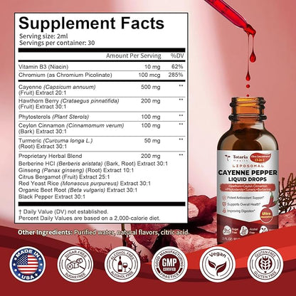 Cayenne Pepper Drops Liposomal Liquid Supplement, 13-in-1 Cayenne Pepper Drops with Vitamin B3, Hawthorn Berry, Panax Ginseng, Berberine, Beet Root, Ceylon Cinnamon, Turmeric Curcumin Extract