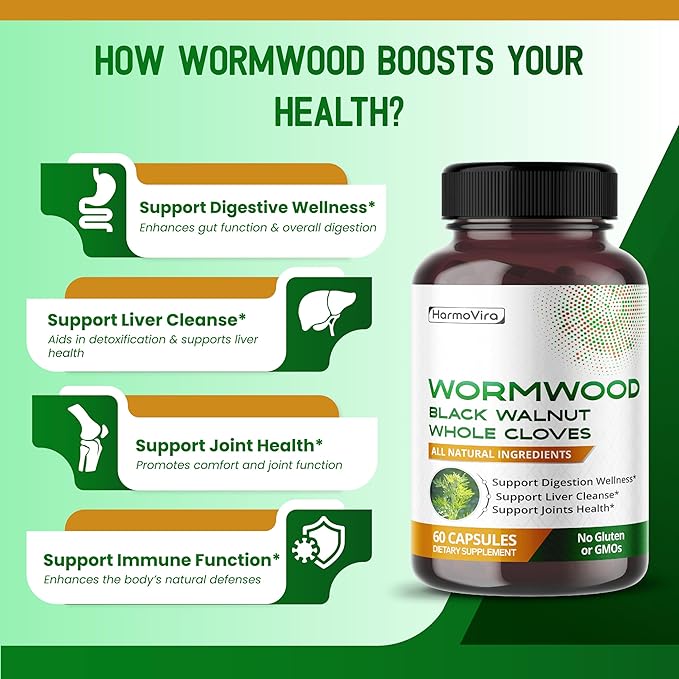 Wormwood Black Walnut Whole Cloves Ginger - Support Digestion Wellness, Liver Cleanse, Joints Health - 120-day Supply - Made in The USA