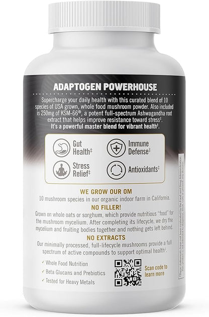 OM MUSHROOM SUPERFOOD Master Blend Mushrooms & Adaptogens Capsules, 168 Count, 56 Servings, 10 Mushroom Complex with Adaptogens for Immune and Stress Relief