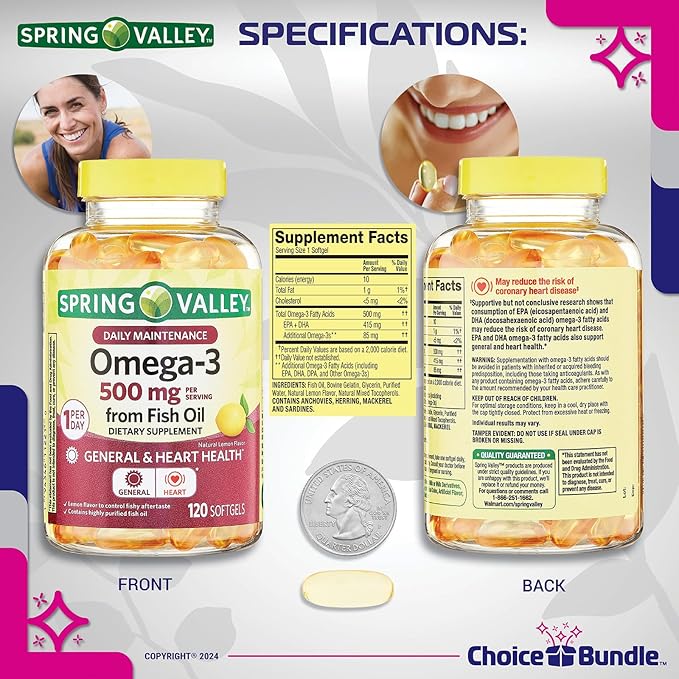Spring Valley Fish Oil Omega 3 Fatty Acid Supplement Lemon Softgels 500 mg 120 Ct 2 pk (240 Total) + Vitamin Guide and Pill Container (4 Items)!
