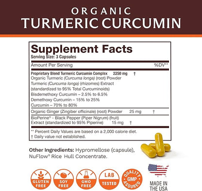 Life's Fortune Organic Turmeric Curcumin with Black Pepper and Ginger, Enhanced Absorption, Extra Strength Supplement, Joint & Immune Support, Non-GMO, 90 Cap - 2250mg