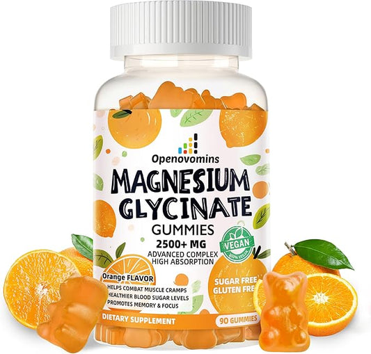 Magnesium Glycinate Gummies- Sugar Free Magnesium Potassium Supplement with Vitamin D, B6, CoQ10 for Calm Mood & Sleep Support - 90 Orange Gummies