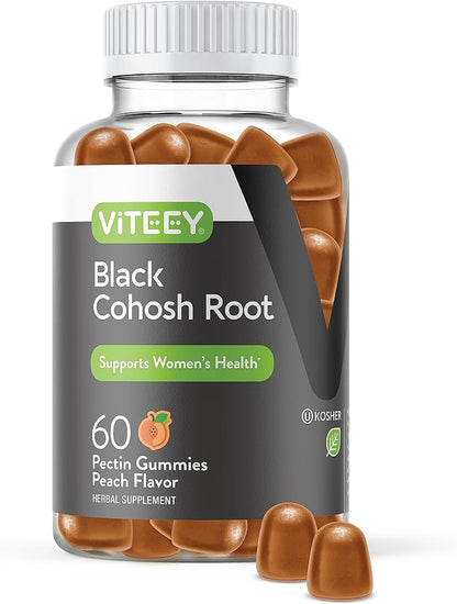 Black Cohosh for Menopause Gummies for Women - Hot Flashes and Night Sweats Relief Supplements - Black Cohosh Root - Vegan, Gelatin Free, Gluten Free, GMO Free - Tasty Chewable Peach Flavored Gummy