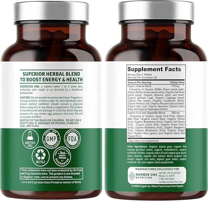 Certified Organic Superfood Greens [28 Powerful Ingredients] Natural Super Greens Capsules, Fruit and Veggie Supplement with Alfalfa, Beet Root and Ginger to Support Energy and Immunity, 60 Tablets