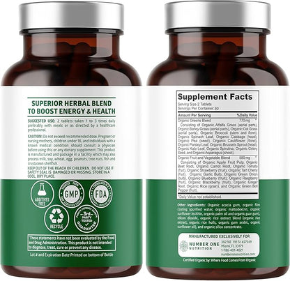 Certified Organic Superfood Greens [28 Powerful Ingredients] Natural Super Greens Capsules, Fruit and Veggie Supplement with Alfalfa, Beet Root and Ginger to Support Energy and Immunity, 60 Tablets