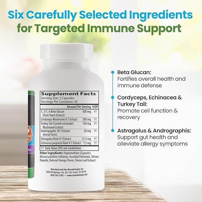 Immune Restore+ - Contains Beta Glucan 1,3/1,6 Complex & Herbal Extracts for Immune Support - Supports T-Cell & Macrophage Activity - With Cordyceps, Astragalus, Turkey Tail & Echinacea - 90 Capsules