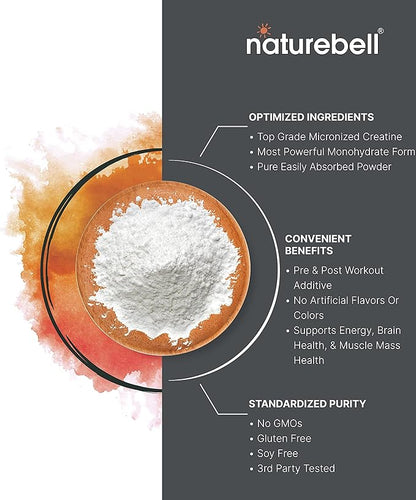 NatureBell Instant Creatine Monohydrate Powder 500 Grams, 5000mg Per Serving, Unflavored Micronized Creatine Powder - Pre Workout | Keto | Vegan | Dissolves Easy | Filler Free - 100 Servings (1.1Lb)