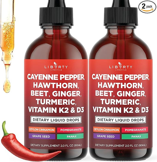 Cayenne Pepper Supplement Liquid Drops + Hawthorn Berry, Vitamin D3 K2 Beet Root Powder, Ceylon Cinnamon, Turmeric Curcumin, Organic Panax Ginseng - 4oz