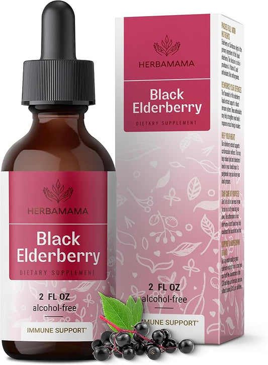 HERBAMAMA Black Elderberry Drops - Vegan Elderberry Liquid Extract for Immune Support - Non-GMO, Alcohol & Sugar-Free Immunity Supplement, 21-Day Supply