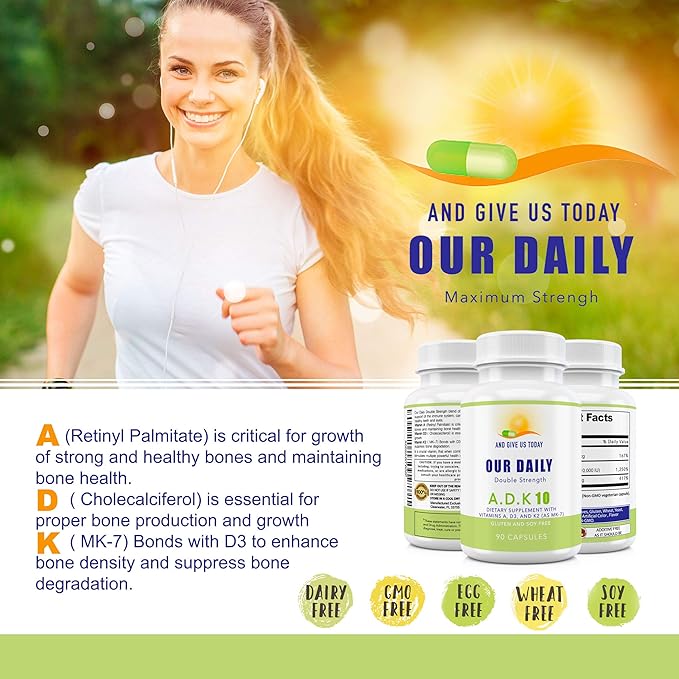 Our Daily Vites ADK 10 Double Strength (10,000 iu) Vitamins A1, D3 & K2 (as MK7) - Physician Formulated Bone & Immune System Support - Gluten Free, Non GMO - 180 Vegetarian Capsules