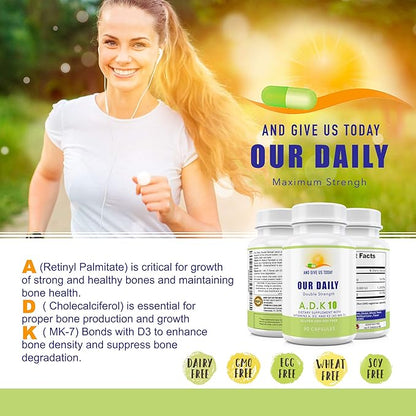 Our Daily Vites ADK 10 Double Strength (10,000 iu) Vitamins A1, D3 & K2 (as MK7) - Physician Formulated Bone & Immune System Support - Gluten Free, Non GMO - 180 Vegetarian Capsules