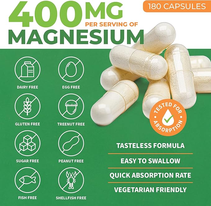 Pure Magnesium Glycinate 400mg Serving - High Absorption Magnesium Glycinate - Mag Bisglycinate for Stress, Bones, Muscles, Nerves, Relaxation & Heart Health, Non GMO & Gluten Free - 180 Capsules