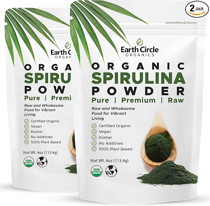 Earth Circle Organics Spirulina Powder, Kosher, Raw and Non-Irradiated | Pure Vegan Protein | Premium Superfood, High in Amino Acids and Antioxidants - 4 Ounce (2 Packs)