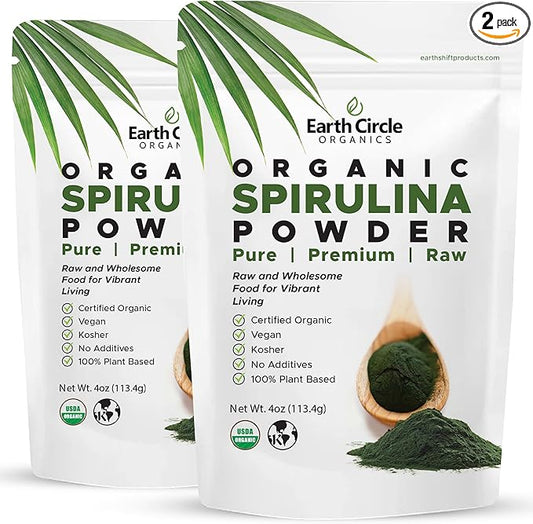 Earth Circle Organics Spirulina Powder, Kosher, Raw and Non-Irradiated | Pure Vegan Protein | Premium Superfood, High in Amino Acids and Antioxidants - 4 Ounce (2 Packs)