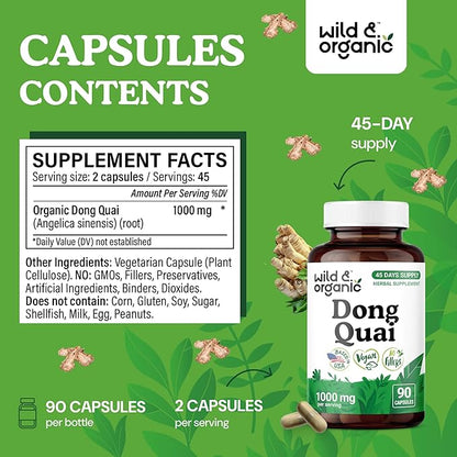 Wild & Organic Dong Quai Capsules for Women - 1000 mg per Serving - Dong Quai Root Supplement - 45-Day Supply - Traditional Angelica Sinensis - Non-GMO, Vegan - 90 Count