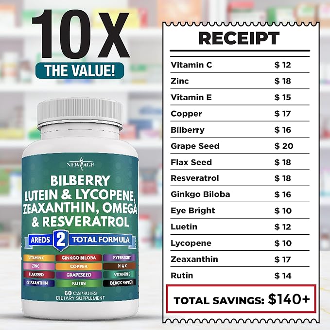 NEW AGE Eye Health Vitamins with Bilberry Lutein & Zeaxanthin Lycopene Resveratrol Grape Seed Extract Astaxanthin - Eye Vitamin - 180 Count