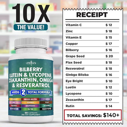NEW AGE Eye Health Vitamins with Bilberry Lutein & Zeaxanthin Lycopene Resveratrol Grape Seed Extract Astaxanthin - Eye Vitamin - 180 Count