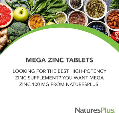 NaturesPlus Mega Zinc 100 mg Sustained Release - 90 Tablets - Vegetarian, Gluten Free - 90 Servings