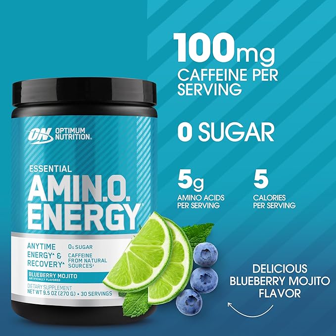 Optimum Nutrition Amino Energy - Pre Workout with Green Tea, BCAA, Amino Acids, Keto Friendly, Green Coffee Extract, Energy Powder - Blueberry Mojito, 30 Servings (Packaging May Vary)