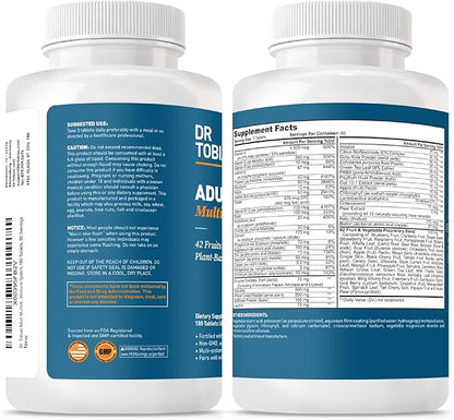 Dr. Tobias Adult Multivitamin for Women & Men, Immune Supporting Vitamins from 42 Fruits, Vegetables, Plus Probiotics, Vegan Multivitamins for Men & Women, Non-GMO, 180 Tablets, 60 Servings
