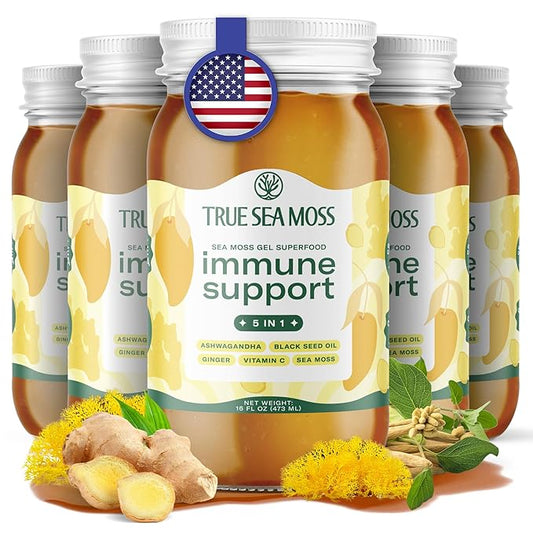 TrueSeaMoss Sea Moss Gel – Made in USA – 5-in-1 Formula – Wildcrafted Seamoss, Ashwagandha & Sea Vegetables – Ashwagandha, Pack of 5 (Labels may Vary)