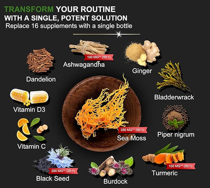 16-in-1 Organic Sea Moss, Ashwagandha, Black Seed Oil, Turmeric, Bladderwrack Burdock, Vitamin C & D3 with Elderberry Manuka Dandelion Yellow Dock