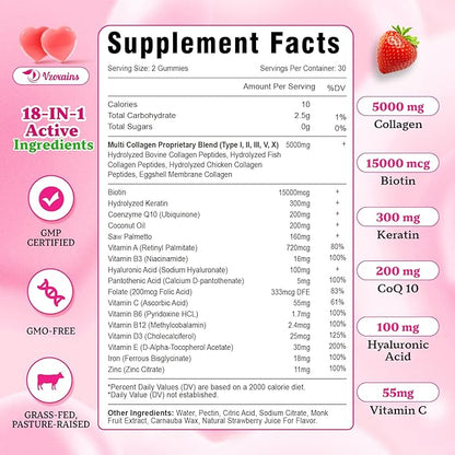 Collagen Peptides Gummies 5000MG, Collagen Gummies for Women & Men, Type I,II,III,V,X Protein with Biotin, Hyaluronic Acid, Vitamin C for Healthy Skin | Strawberry Flavored, Sugar Free, 120 Cts