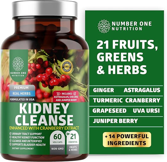 N1N Premium Kidney Cleanse [21 Potent Herbs] for Urinary Tract & Bladder Control, Natural Kidney Support with Cranberry Extract, Astragalus and Uva Ursi Leaf, 60 Veg Caps