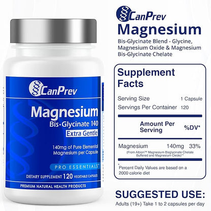 CanPrev Magnesium BisGlycinate Extra Gentle 140mg, 120 v-Caps 120-Day Supply - Pure Elemental Magnesium Supplement, Support Bone & Muscle Function, Gentle on Stomach, Perfect for Daily Magnesium Needs