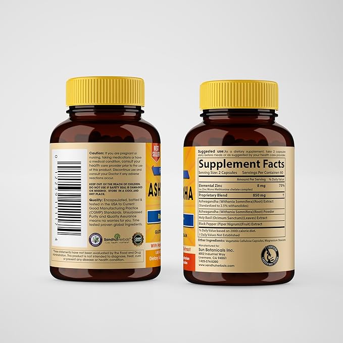 Sandhu Herbals Zinc 30mg Supplement and Organic 4 in 1 Ashwagandha Capsules with Zinc| Supports Healthy Skin, Immune System| Non-GMO