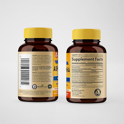 Sandhu Herbals Zinc 30mg Supplement and Organic 4 in 1 Ashwagandha Capsules with Zinc| Supports Healthy Skin, Immune System| Non-GMO
